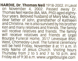 Funeral Notice for Dr. Thomas Hardie