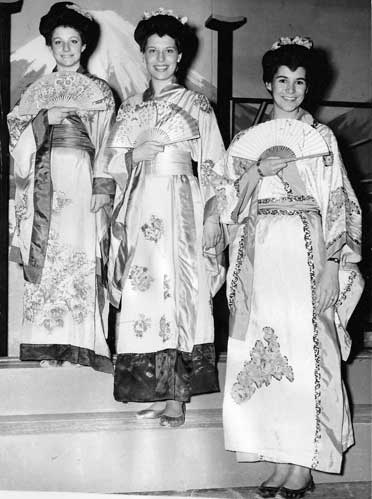 Photo of Judy Houghton, ? and Joan Morrison in the Mikado