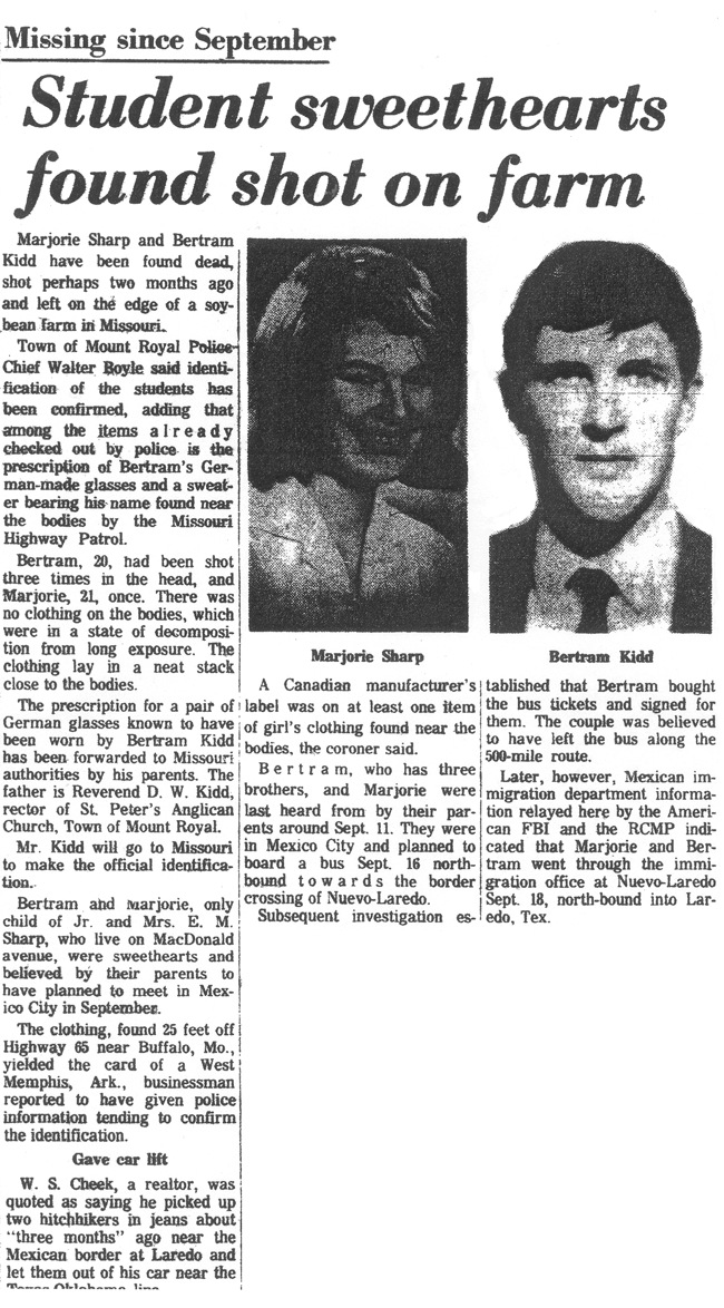 Montreal Star article, 11/28/1967 about the murders of Bert Kidd and Marjorie Sharp